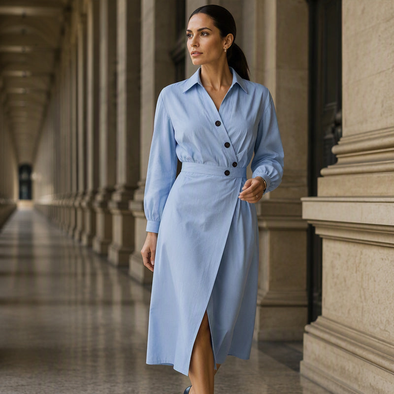 Women's Lapel Wrap Midi Shirt Dress with Pockets