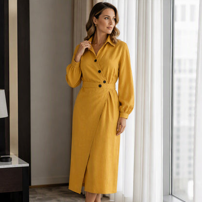 Women's Lapel Wrap Midi Shirt Dress with Pockets