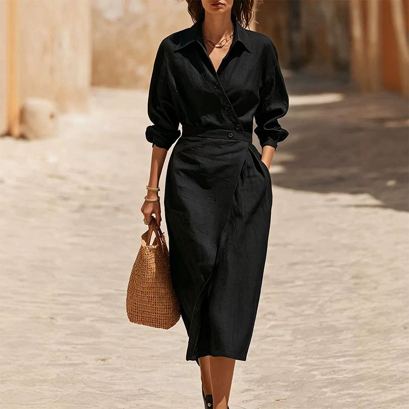 Women's Lapel Wrap Midi Shirt Dress with Pockets