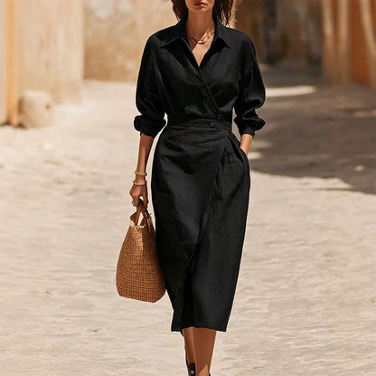 Women's Lapel Wrap Midi Shirt Dress with Pockets