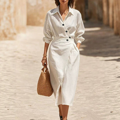 Women's Lapel Wrap Midi Shirt Dress with Pockets