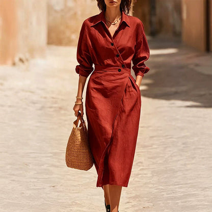 Women's Lapel Wrap Midi Shirt Dress with Pockets