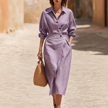Women's Lapel Wrap Midi Shirt Dress with Pockets