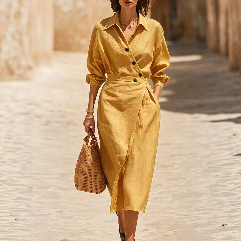 Women's Lapel Wrap Midi Shirt Dress with Pockets