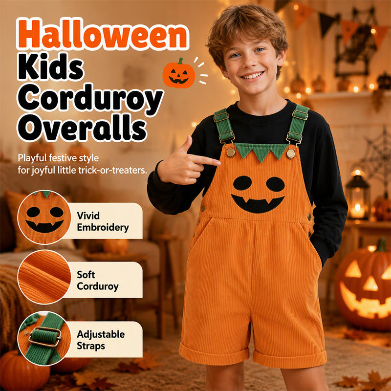 Kids Halloween Pumpkin Corduroy Overalls Suspender Shorts with Pockets