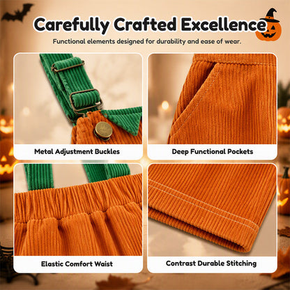Kids Halloween Pumpkin Corduroy Overalls Suspender Shorts with Pockets