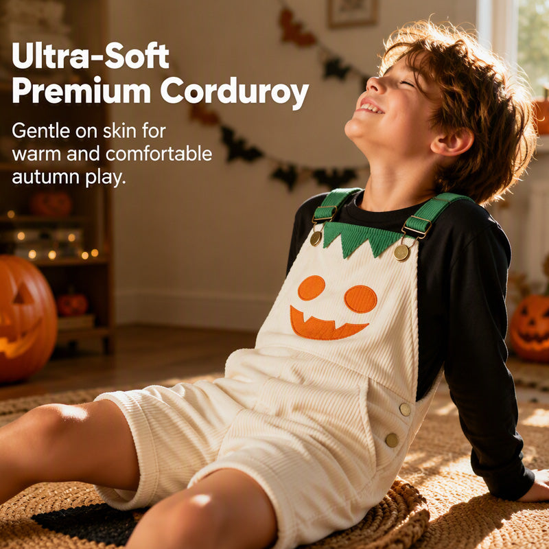 Kids Halloween Pumpkin Corduroy Overalls Suspender Shorts with Pockets