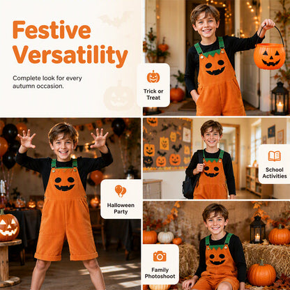 Kids Halloween Pumpkin Corduroy Overalls Suspender Shorts with Pockets