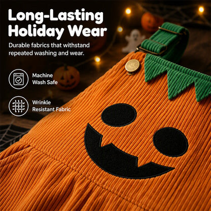 Kids Halloween Pumpkin Corduroy Overalls Suspender Shorts with Pockets