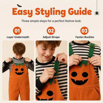 Kids Halloween Pumpkin Corduroy Overalls Suspender Shorts with Pockets