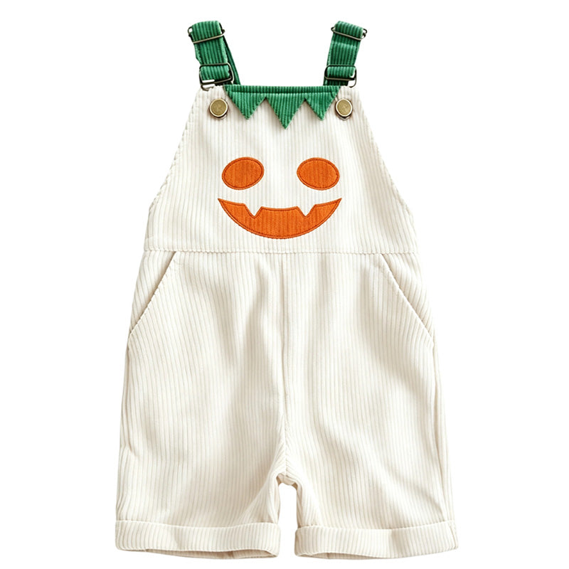 Kids Halloween Pumpkin Corduroy Overalls Suspender Shorts with Pockets
