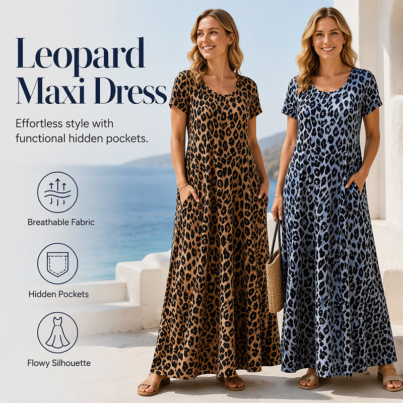 Women's Leopard Print Maxi Dress with Pockets Casual Short Sleeve Long Dress
