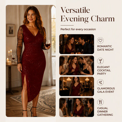 Women's Glittering Bodycon Dress with Mesh Sleeves
