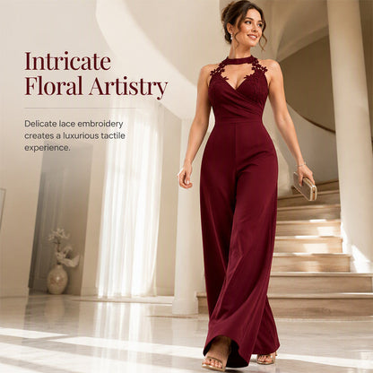 Women Elegant Halter Lace Pleated Wide Leg Jumpsuit