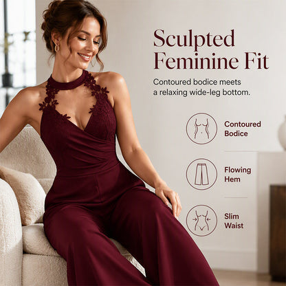 Women Elegant Halter Lace Pleated Wide Leg Jumpsuit