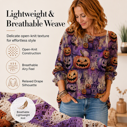 💖Black Friday Mega Deal – 50% off!💖🎃 Latest Design | Women's Halloween Pumpkin-Print Batwing Knit Sweater