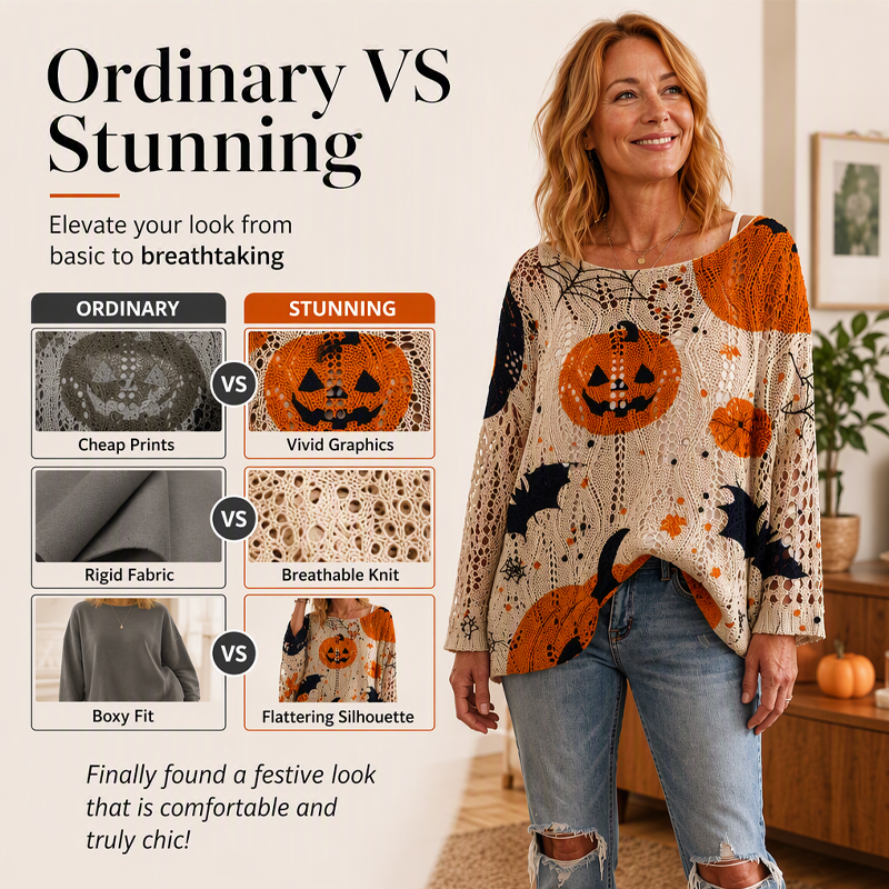 💖Black Friday Mega Deal – 50% off!💖🎃 Latest Design | Women's Halloween Pumpkin-Print Batwing Knit Sweater
