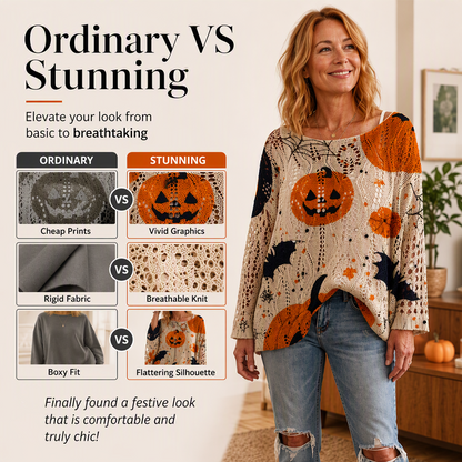 💖Black Friday Mega Deal – 50% off!💖🎃 Latest Design | Women's Halloween Pumpkin-Print Batwing Knit Sweater