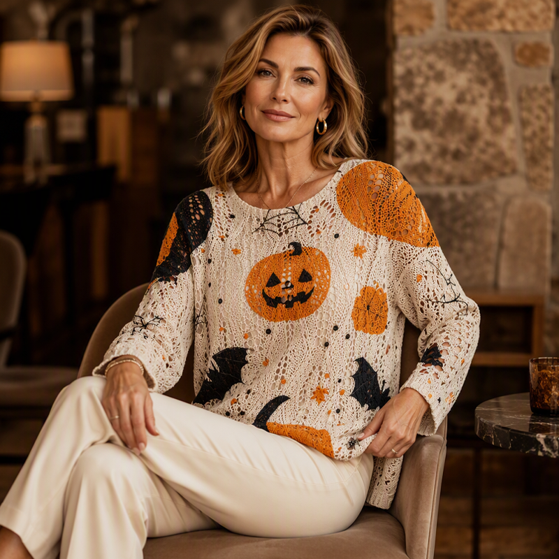 💖Black Friday Mega Deal – 50% off!💖🎃 Latest Design | Women's Halloween Pumpkin-Print Batwing Knit Sweater