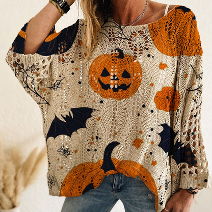 💖Black Friday Mega Deal – 50% off!💖🎃 Latest Design | Women's Halloween Pumpkin-Print Batwing Knit Sweater