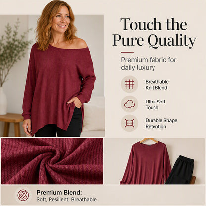 ✨ Off-Shoulder Detail, Flattering Split Hem | Women's Relaxed Long-Sleeve Top