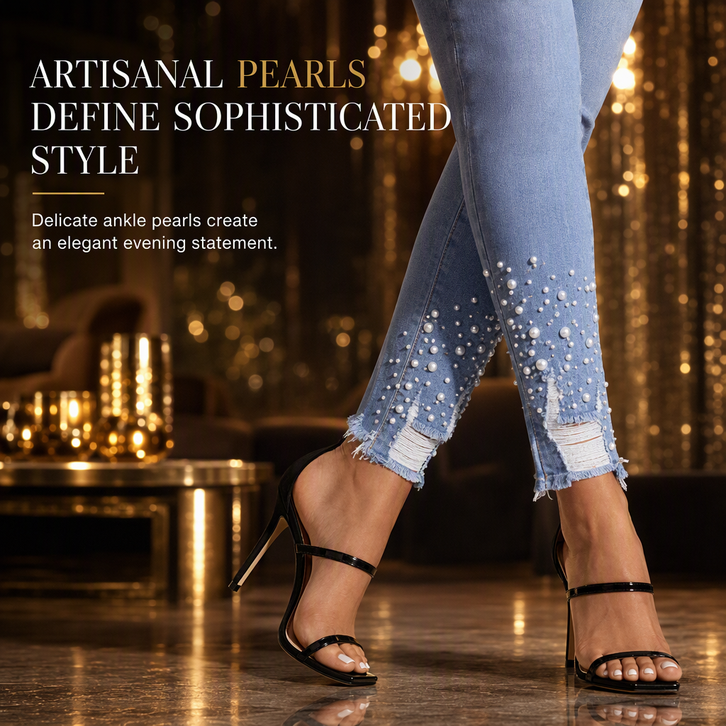 💋Enjoy a 30-day hassle-free return policy!✅️Women's Light Blue Pearl Embellished Slim Fit Skinny Jeans with Raw Frayed Waist and Distressed Ripped Ankle Cuffs