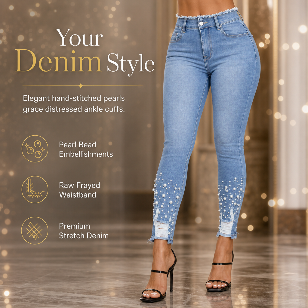 💋Enjoy a 30-day hassle-free return policy!✅️Women's Light Blue Pearl Embellished Slim Fit Skinny Jeans with Raw Frayed Waist and Distressed Ripped Ankle Cuffs