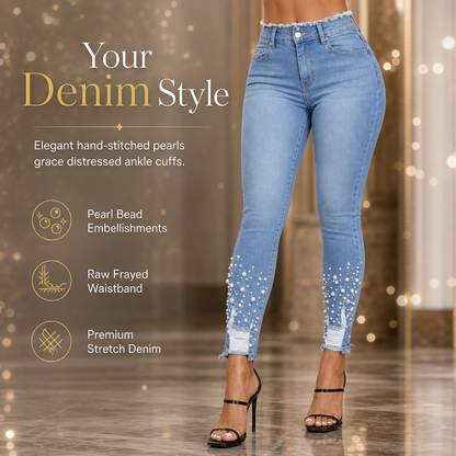 💋Enjoy a 30-day hassle-free return policy!✅️Women's Light Blue Pearl Embellished Slim Fit Skinny Jeans with Raw Frayed Waist and Distressed Ripped Ankle Cuffs