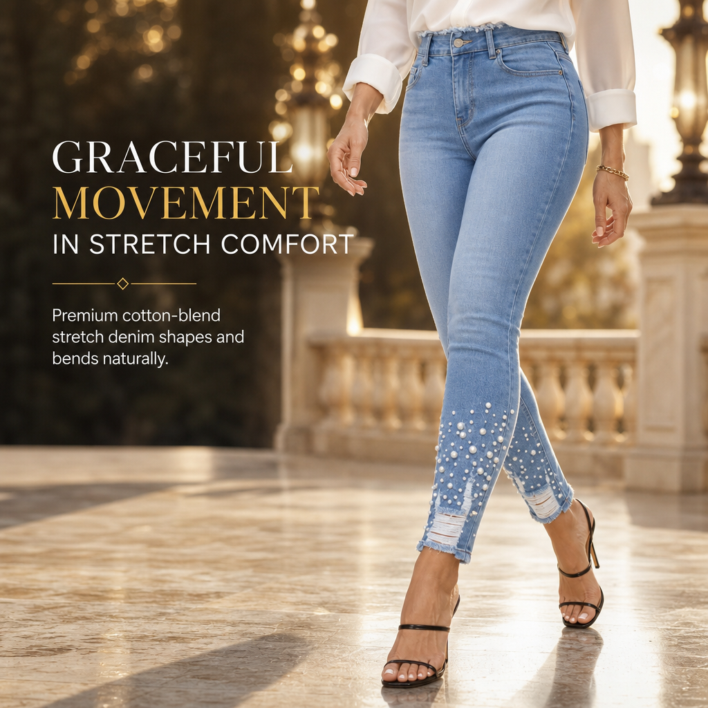 💋Enjoy a 30-day hassle-free return policy!✅️Women's Light Blue Pearl Embellished Slim Fit Skinny Jeans with Raw Frayed Waist and Distressed Ripped Ankle Cuffs