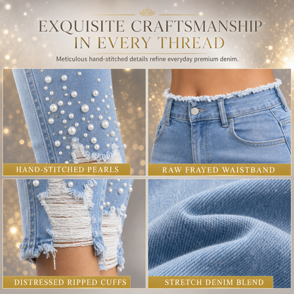 💋Enjoy a 30-day hassle-free return policy!✅️Women's Light Blue Pearl Embellished Slim Fit Skinny Jeans with Raw Frayed Waist and Distressed Ripped Ankle Cuffs