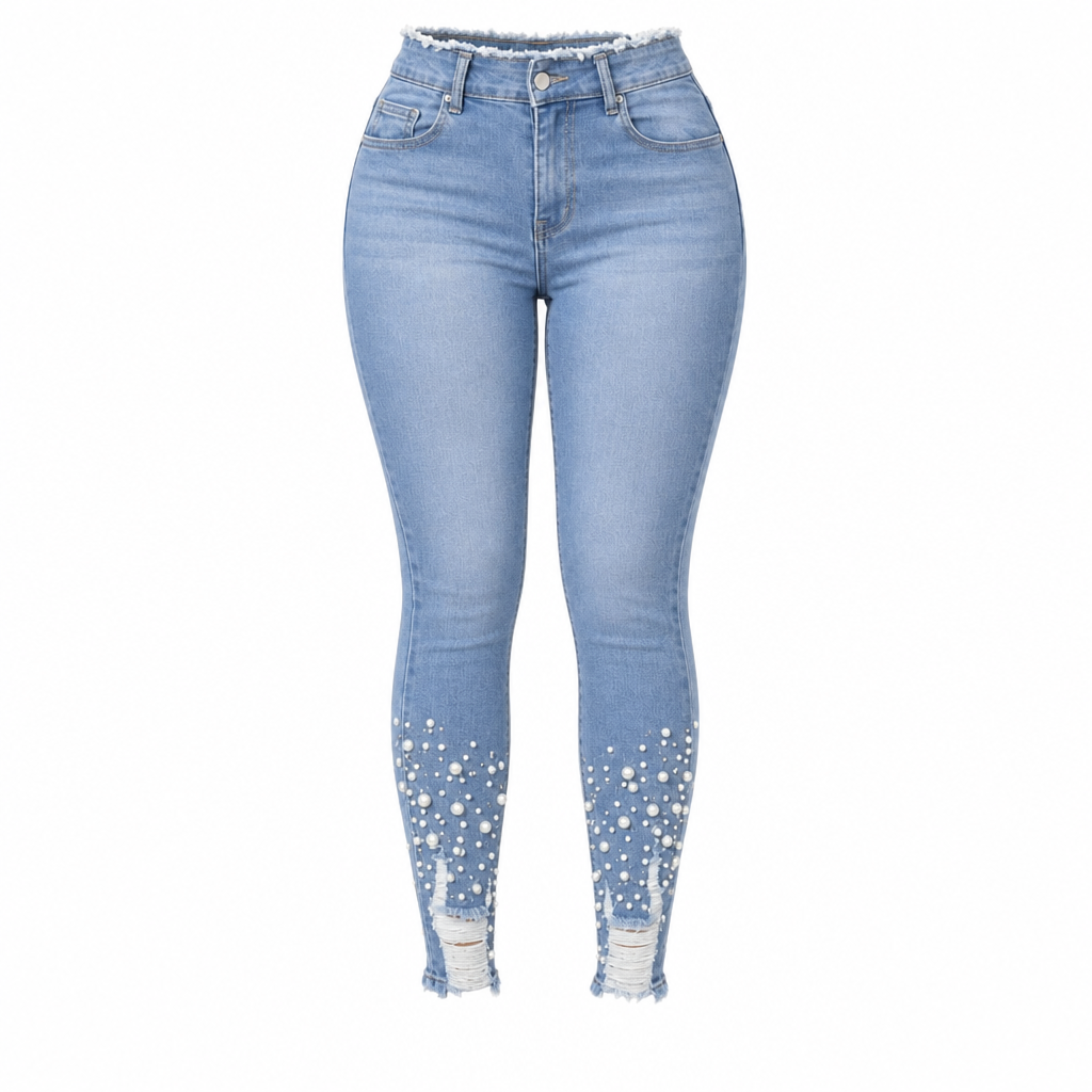💋Enjoy a 30-day hassle-free return policy!✅️Women's Light Blue Pearl Embellished Slim Fit Skinny Jeans with Raw Frayed Waist and Distressed Ripped Ankle Cuffs