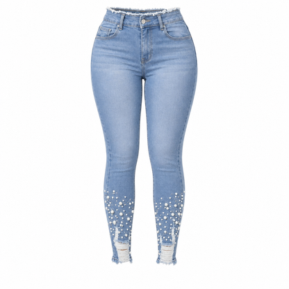 💋Enjoy a 30-day hassle-free return policy!✅️Women's Light Blue Pearl Embellished Slim Fit Skinny Jeans with Raw Frayed Waist and Distressed Ripped Ankle Cuffs