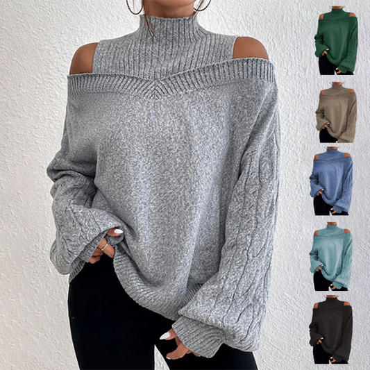 🔥 50% OFF! 👚Women’s Fashion High Neck Off-Shoulder Knit Sweater
