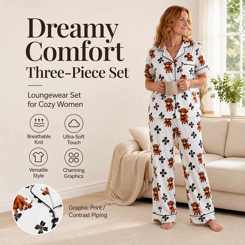 ⏰ Last Day of the Sale – 50% OFF ✨Women's Highland Cow Print 3-Piece Pajama Set