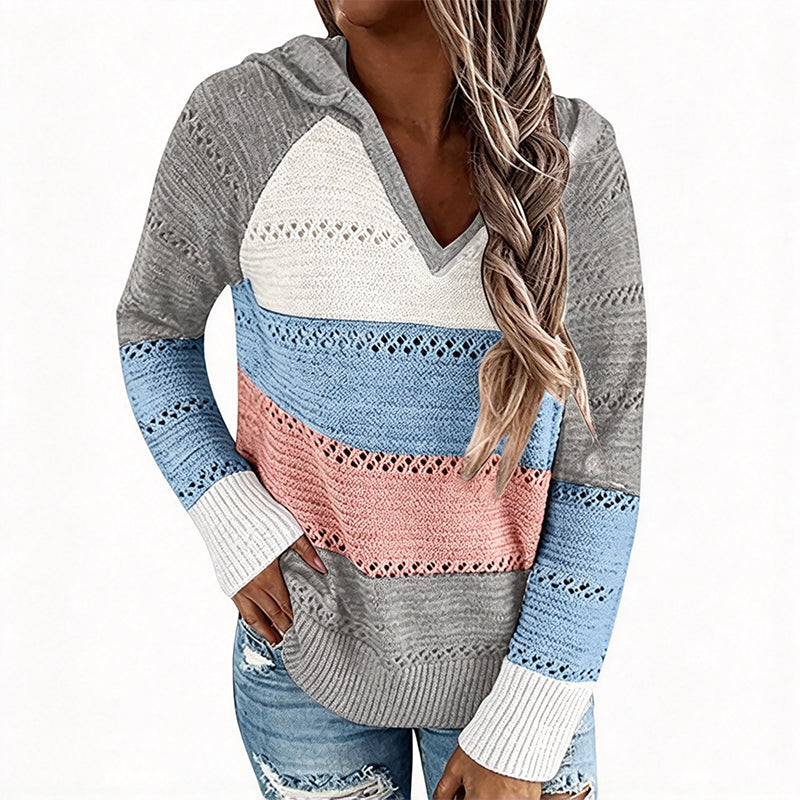 Women's Color Block Hollow-Out Knit Hoodie