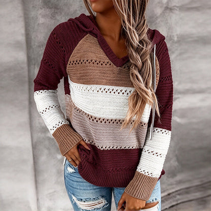 Women's Color Block Hollow-Out Knit Hoodie