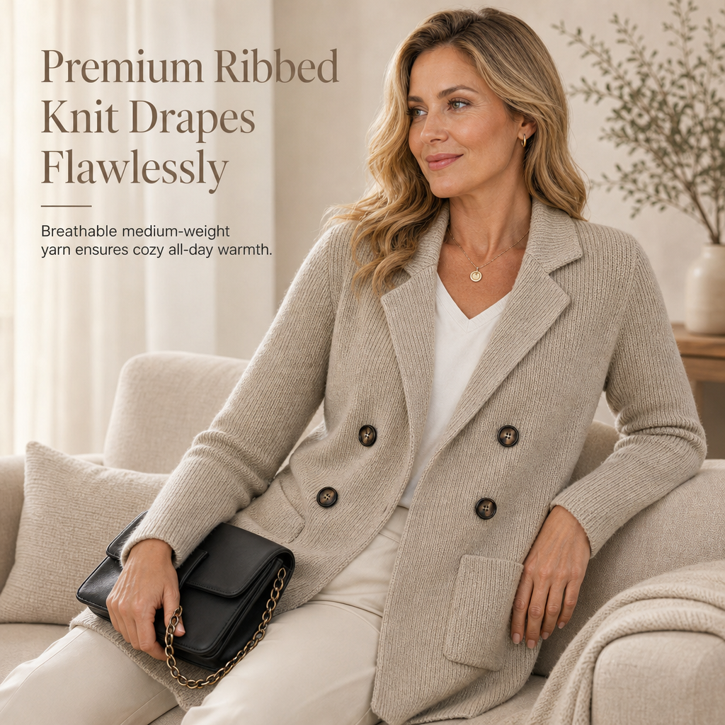 ⏰ Seasonal changeover sale: 50% off – quality at half the price! ✨Women's Double-Breasted Ribbed Knit Cardigan with Pockets and Notched Lapel