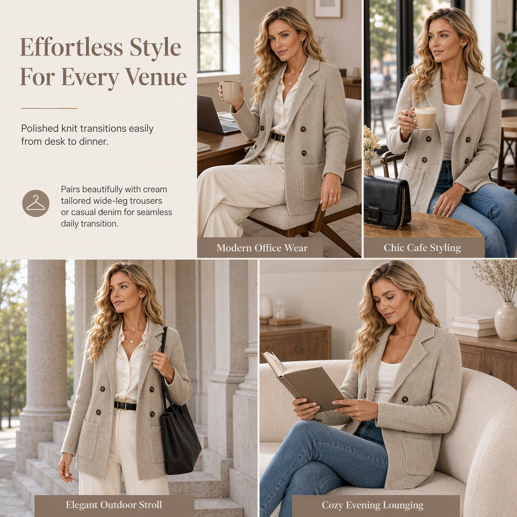 ⏰ Seasonal changeover sale: 50% off – quality at half the price! ✨Women's Double-Breasted Ribbed Knit Cardigan with Pockets and Notched Lapel