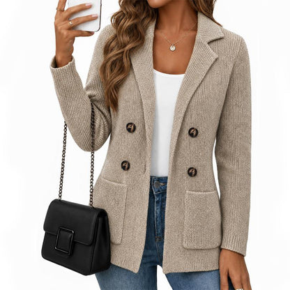 ⏰ Seasonal changeover sale: 50% off – quality at half the price! ✨Women's Double-Breasted Ribbed Knit Cardigan with Pockets and Notched Lapel