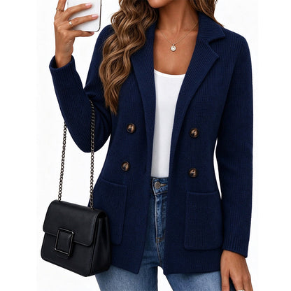 ⏰ Seasonal changeover sale: 50% off – quality at half the price! ✨Women's Double-Breasted Ribbed Knit Cardigan with Pockets and Notched Lapel