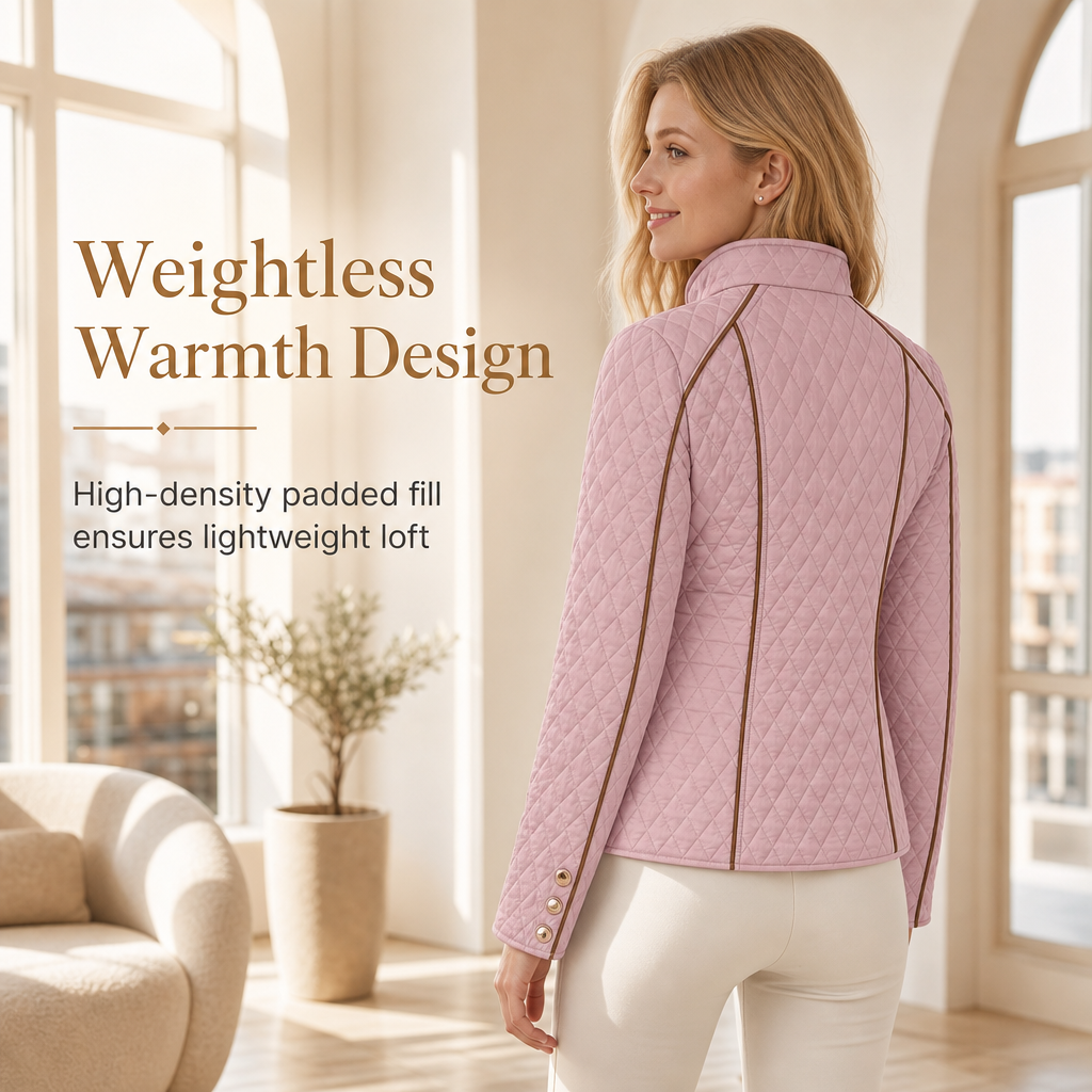 Lightweight Warmth, Beautiful Everyday Style — Women's Quilted Padded Zip-Up Jacket with a Chic Stand Collar, Classic Stitching, and a Flattering Casual Silhouette for Cooler Days