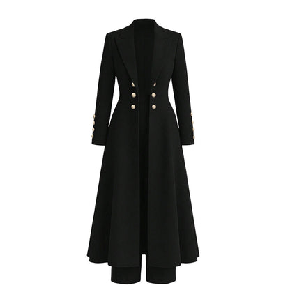 Women's Elegant Autumn 2 Piece Outfit Set with Retro Long Sleeve Coat and Simple Trousers