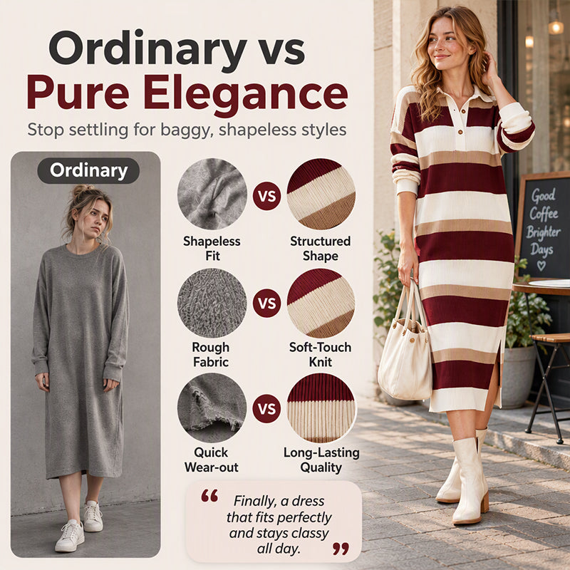 Women's Striped Collared Knit Sweater Dress