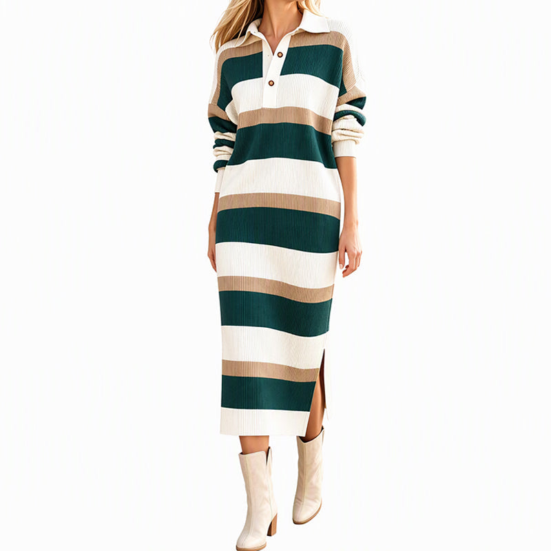 Women's Striped Collared Knit Sweater Dress