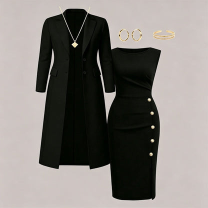 Women's Elegant Long Blazer & Sleeveless Dress Set