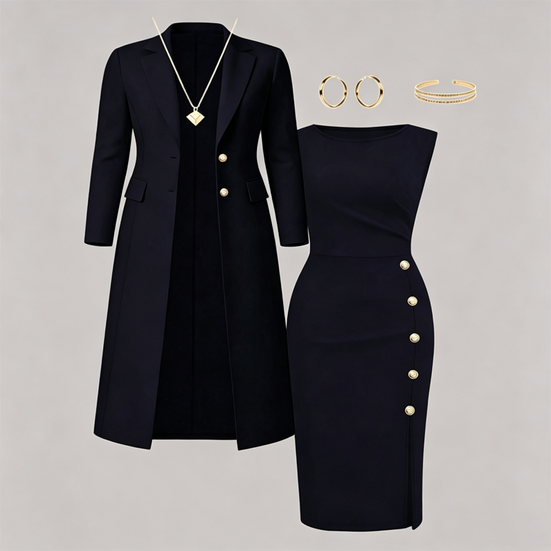 Women's Elegant Long Blazer & Sleeveless Dress Set