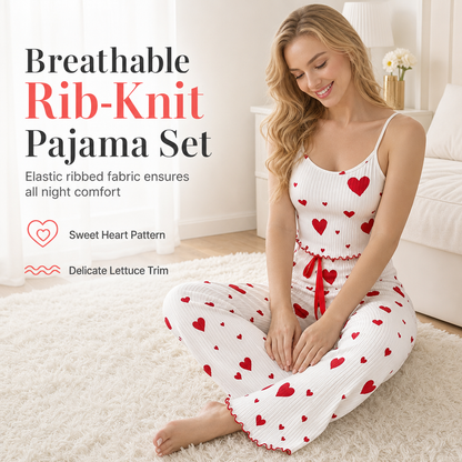 🎉The Lowest Price But The Best Quality!🔥Womens 2 Piece Ribbed Pajama Set Heart Print Camisole Top and Long Pants Loungewear