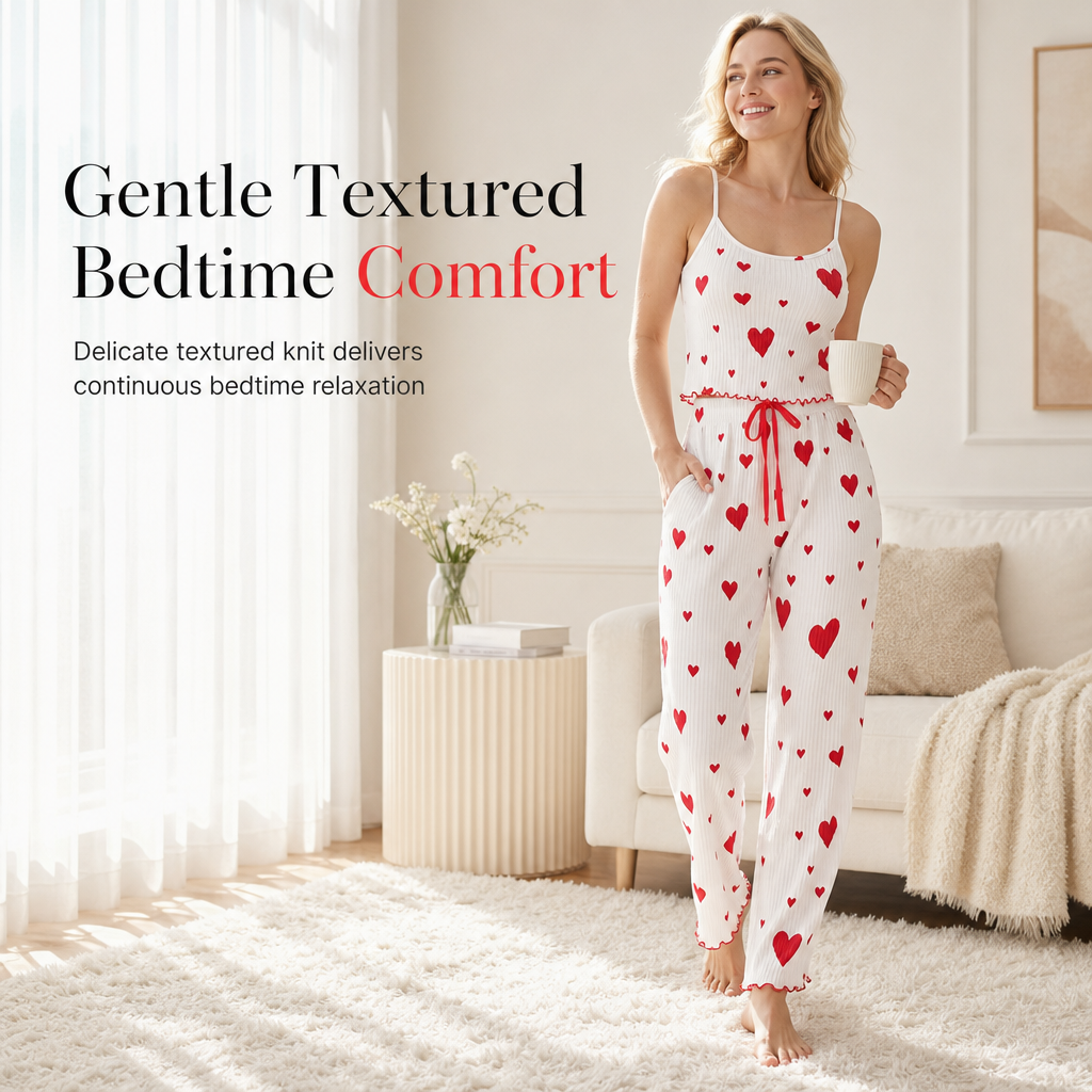 🎉The Lowest Price But The Best Quality!🔥Womens 2 Piece Ribbed Pajama Set Heart Print Camisole Top and Long Pants Loungewear