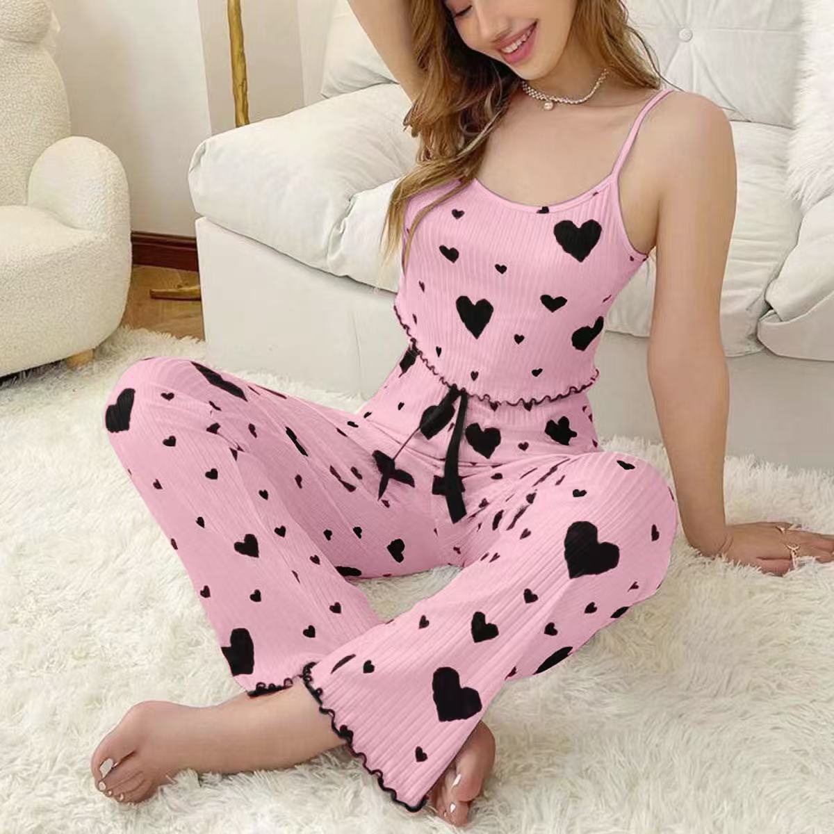 🎉The Lowest Price But The Best Quality!🔥Womens 2 Piece Ribbed Pajama Set Heart Print Camisole Top and Long Pants Loungewear