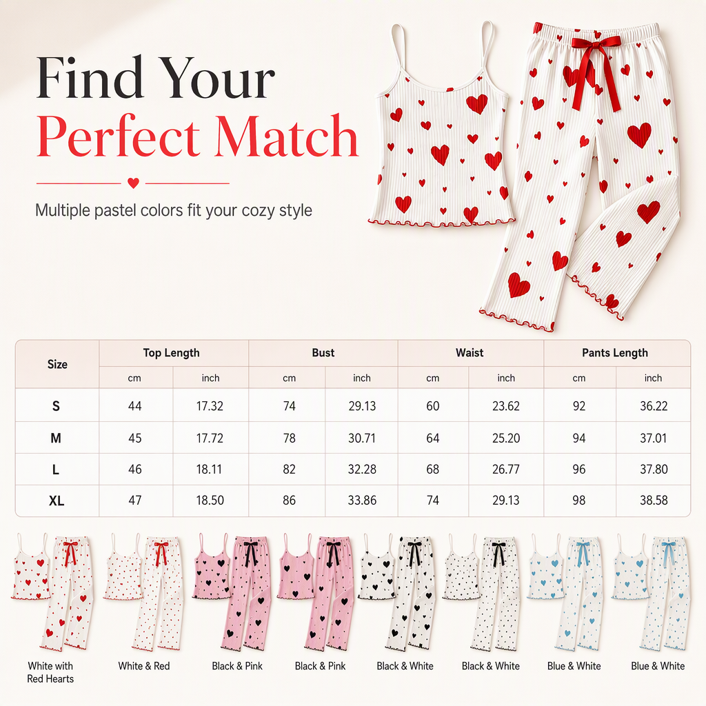 🎉The Lowest Price But The Best Quality!🔥Womens 2 Piece Ribbed Pajama Set Heart Print Camisole Top and Long Pants Loungewear